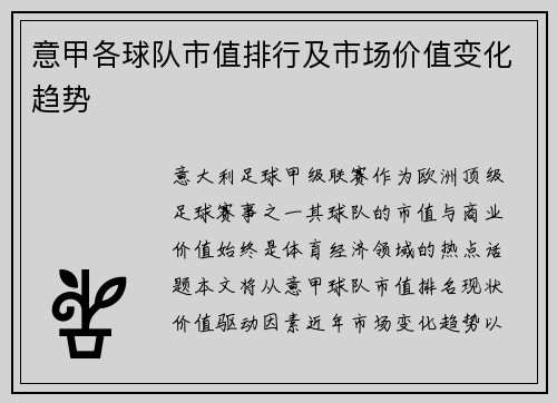 意甲各球队市值排行及市场价值变化趋势