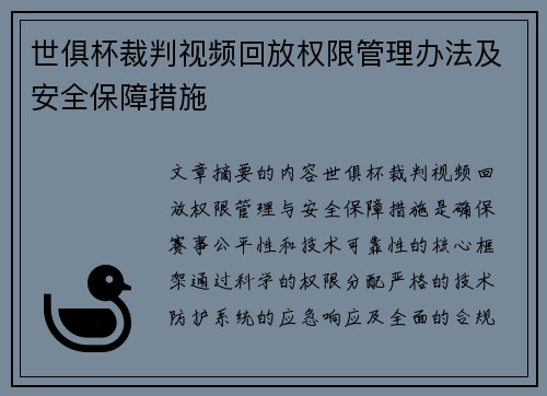 世俱杯裁判视频回放权限管理办法及安全保障措施