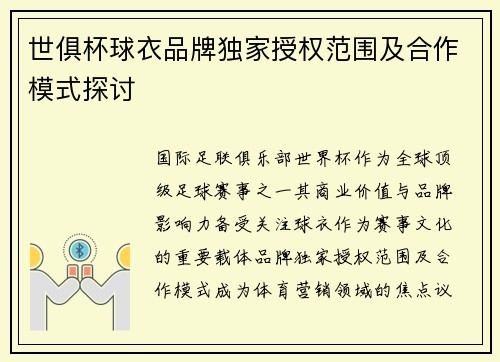 世俱杯球衣品牌独家授权范围及合作模式探讨