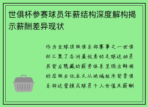 世俱杯参赛球员年薪结构深度解构揭示薪酬差异现状